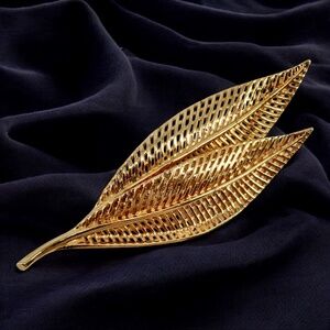 COROCRAFT Gold Tone Leaf Brooch Pin 4" Vintage MCM Pin Double Layered Leaves